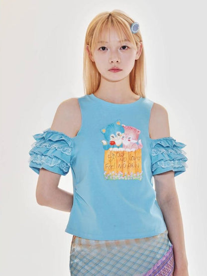 Kitten print off-shoulder tops and oversized loose T-shirt【s0000009524】