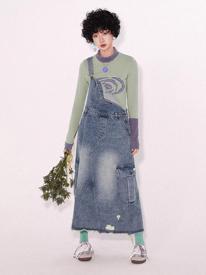 Loose denim suspender skirt【s0000009796】