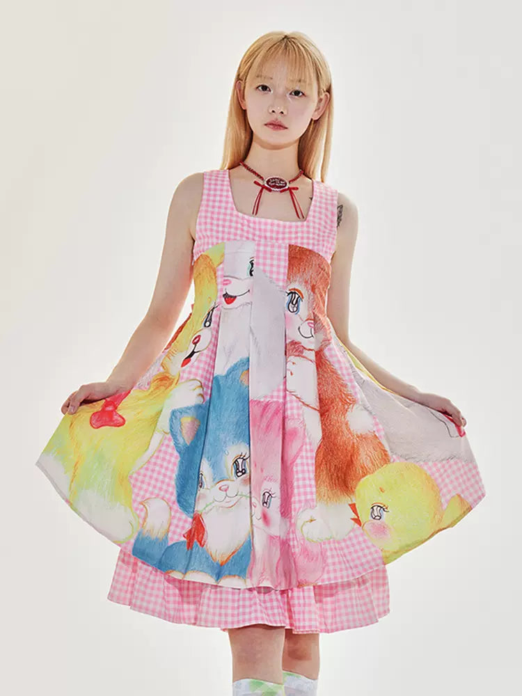 Pink plaid animal dress【s0000009517】