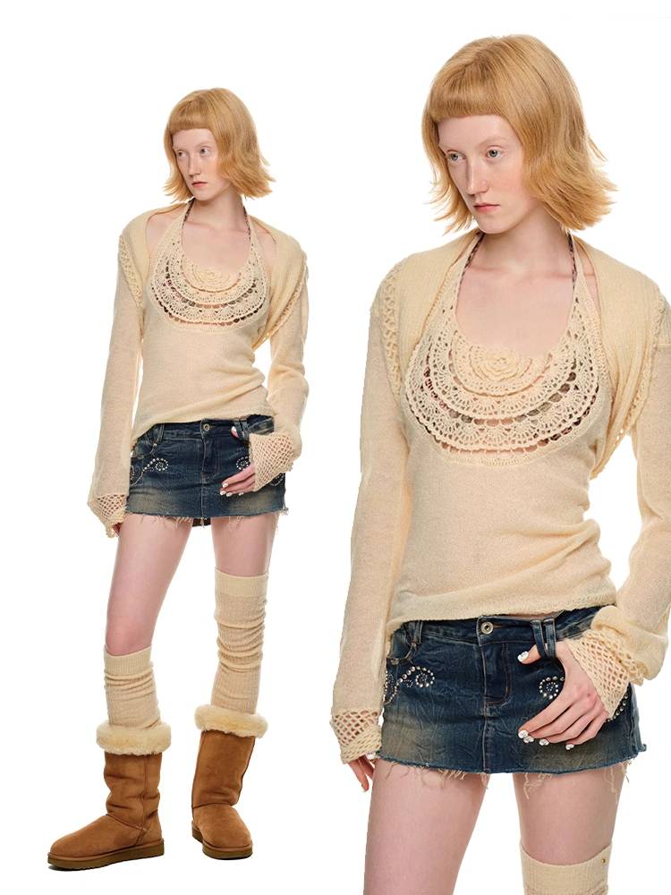 Halter neck vest and loose short cardigan【s0000011398】