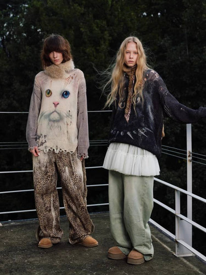 Cat print round neck loose top【s0000011374】