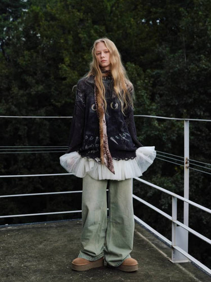 Cat print round neck loose top【s0000011374】