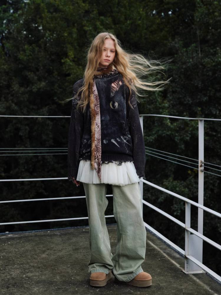 Cat print round neck loose top【s0000011374】