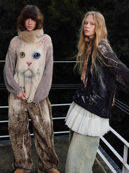 Cat print round neck loose top【s0000011374】