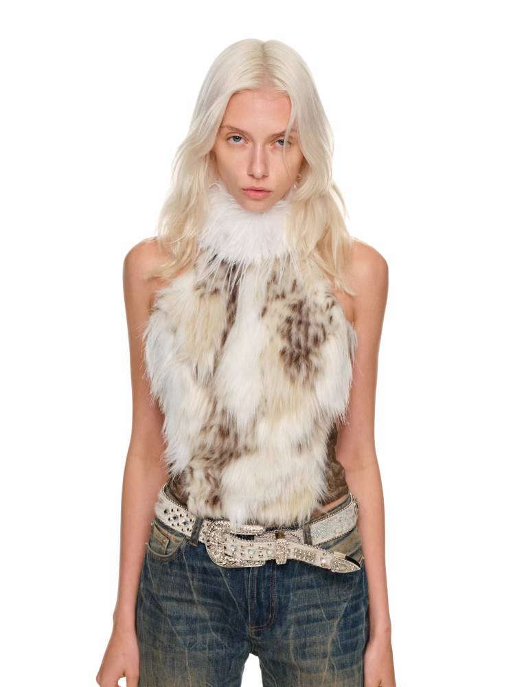 표범 인쇄 모방 모피 소매 조끼 【S000011372】