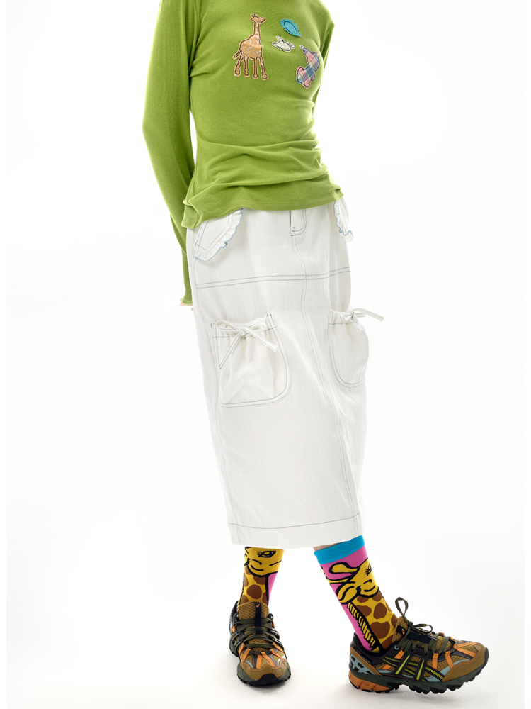 Ruffled Lace Denim Multi Pocket Midi Skirt【s0000011744】