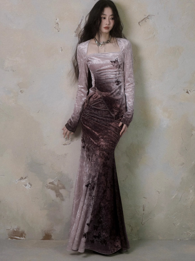 Gradient butterfly velvet top and skirt【s0000006402】