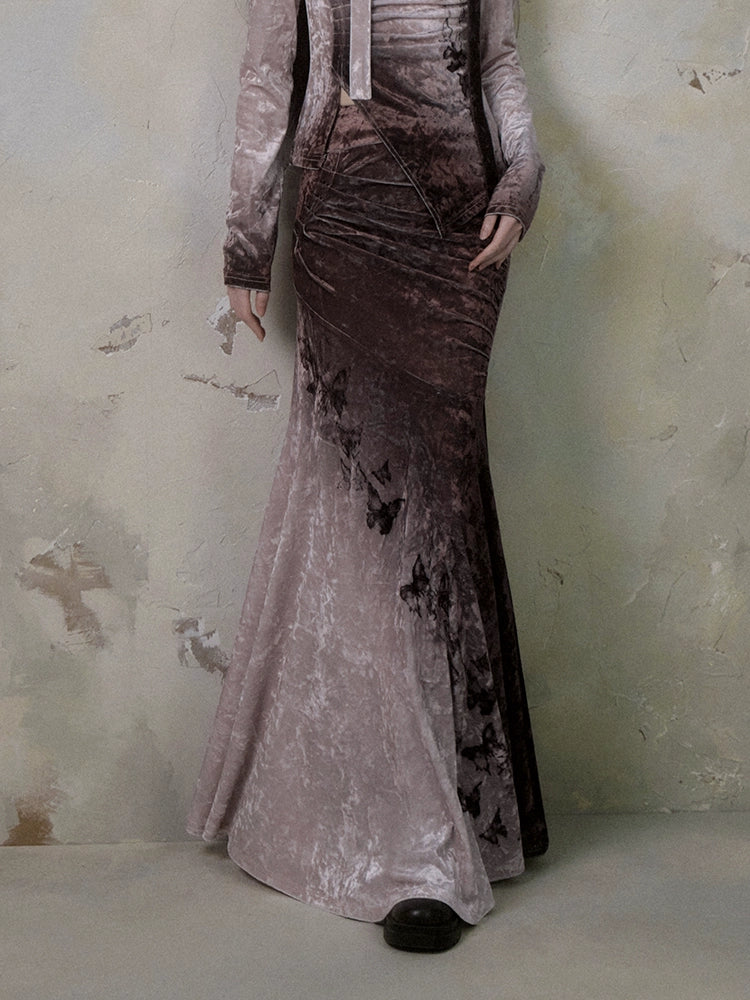 Gradient butterfly velvet top and skirt【s0000006402】