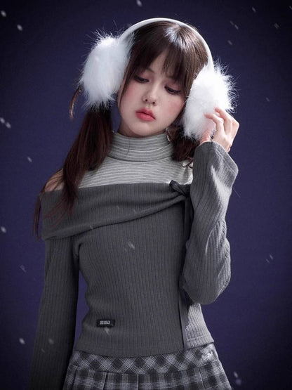 One-shoulder fake two-piece knit top【s0000011278】