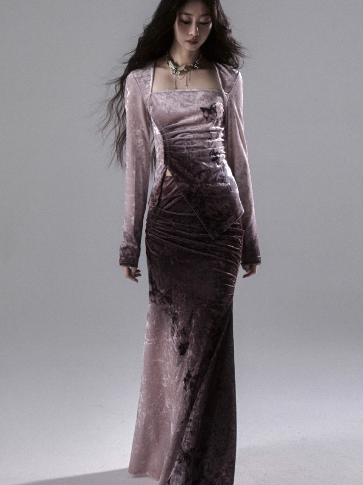 Gradient butterfly velvet top and skirt【s0000006402】