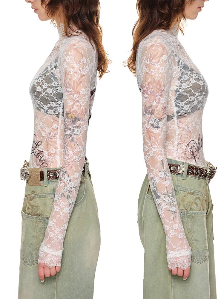 Lace slim fit long sleeve t-shirt【s0000011405】