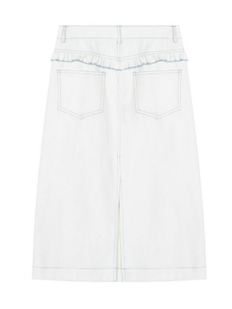 Ruffled Lace Denim Multi Pocket Midi Skirt【s0000011744】