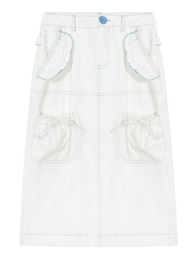 Ruffled Lace Denim Multi Pocket Midi Skirt【s0000011744】