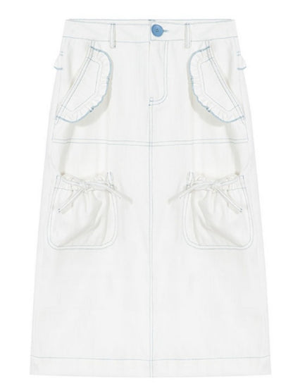 Ruffled Lace Denim Multi Pocket Midi Skirt【s0000011744】