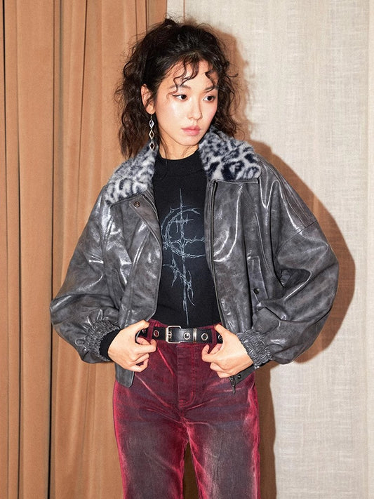 Warm leopard print leather jacket【s0000011098】