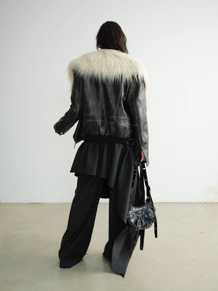 FAKE TWO PIECE PU Leather FUR JACKET [S0000010925]