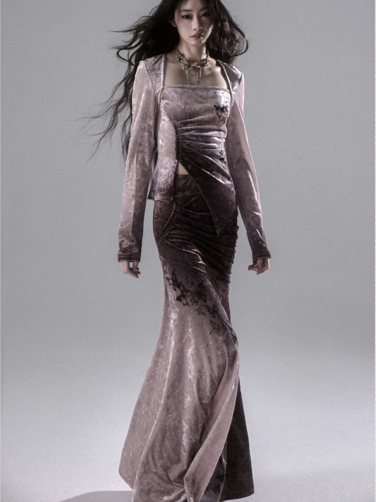 Gradient butterfly velvet top and skirt【s0000006402】