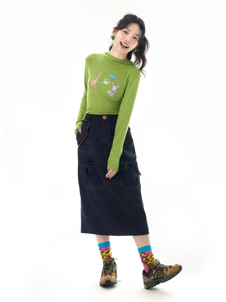 Ruffled Lace Denim Multi Pocket Midi Skirt【s0000011744】