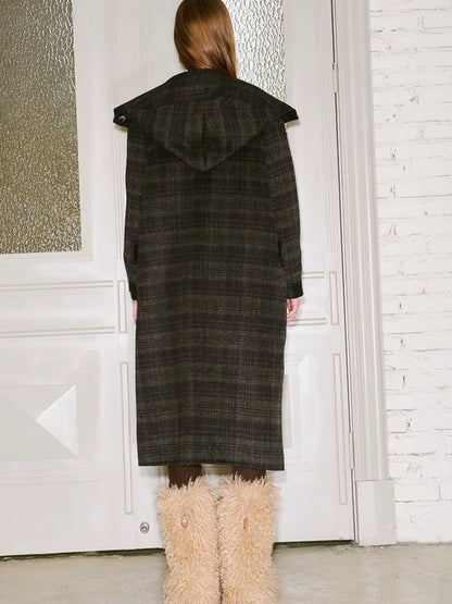 RETRO PLAID HOODED WOOL COAT [S0000010800]