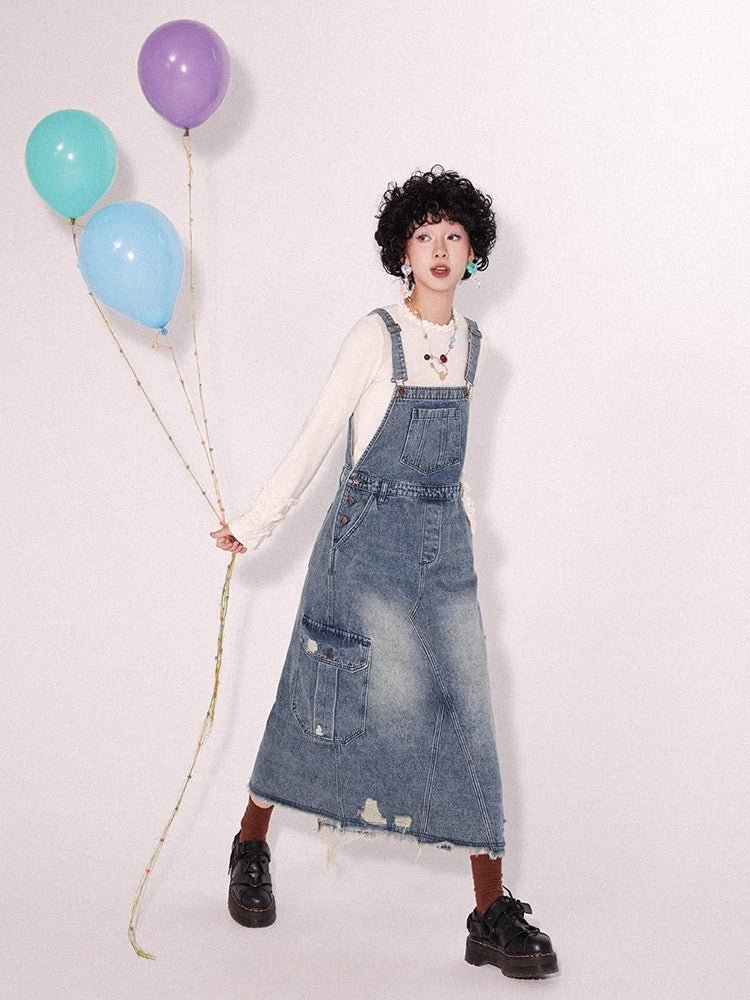 Loose denim suspender skirt【s0000009796】