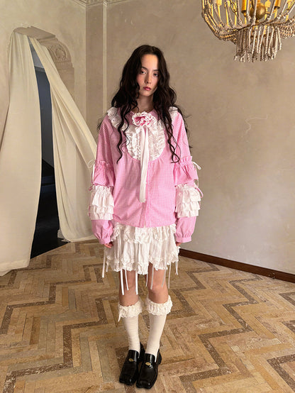 Pink checkered lace trim long-sleeved shirt【s0000012761】