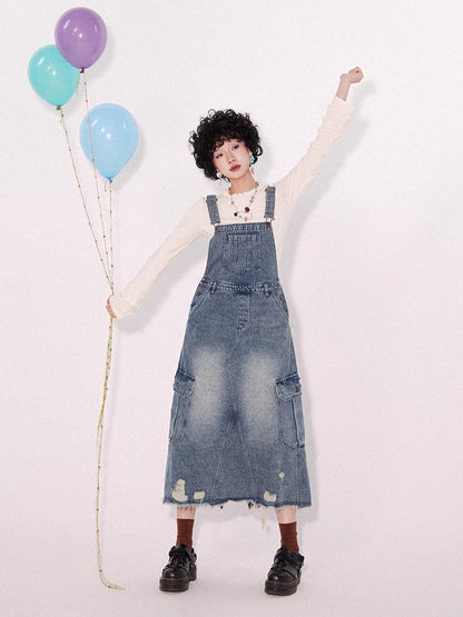 Loose denim suspender skirt【s0000009796】