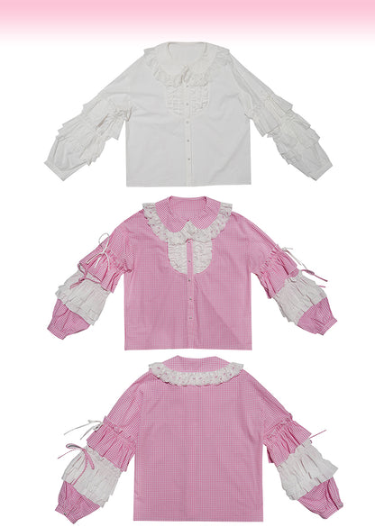 Pink checkered lace trim long-sleeved shirt【s0000012761】