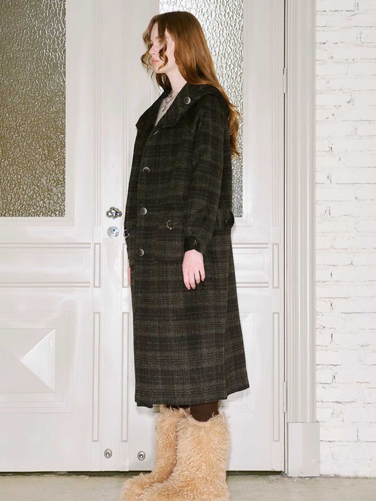 RETRO PLAID HOODED WOOL COAT [S0000010800]