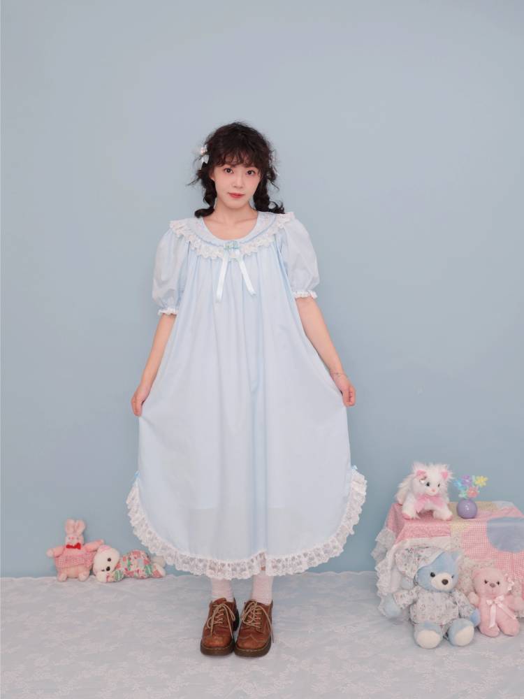 Antique girly floral embroidered light blue dress【s0000009502】