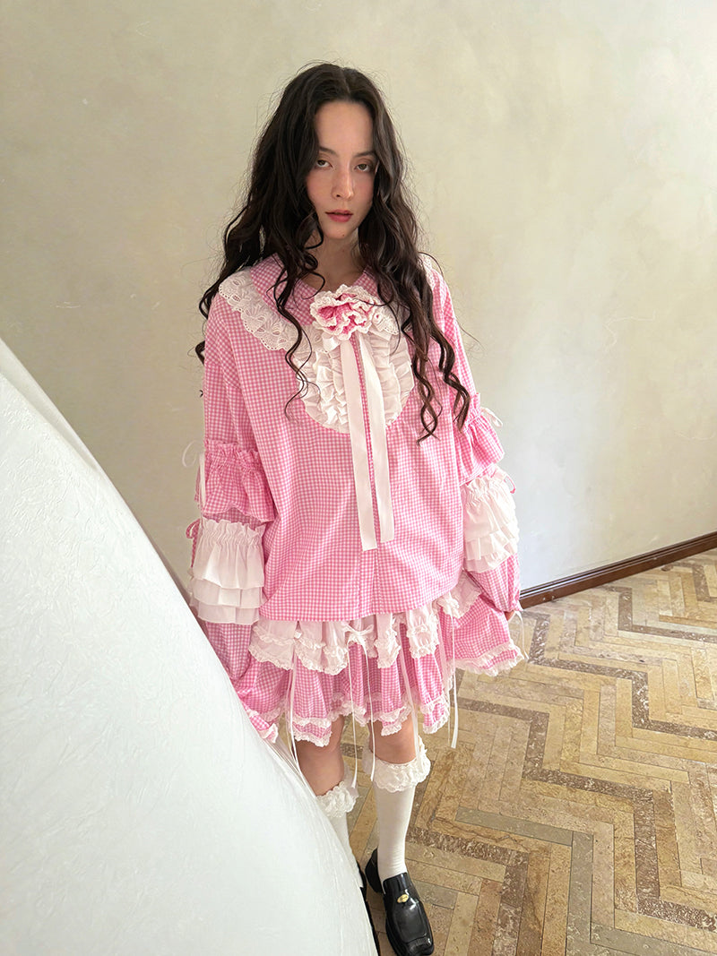 Pink checkered lace trim long-sleeved shirt【s0000012761】