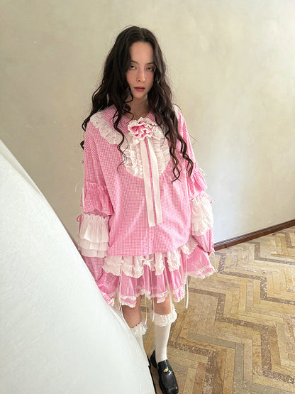 Pink checkered lace trim long-sleeved shirt【s0000012761】