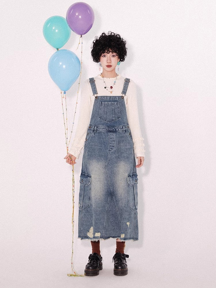 Loose denim suspender skirt【s0000009796】