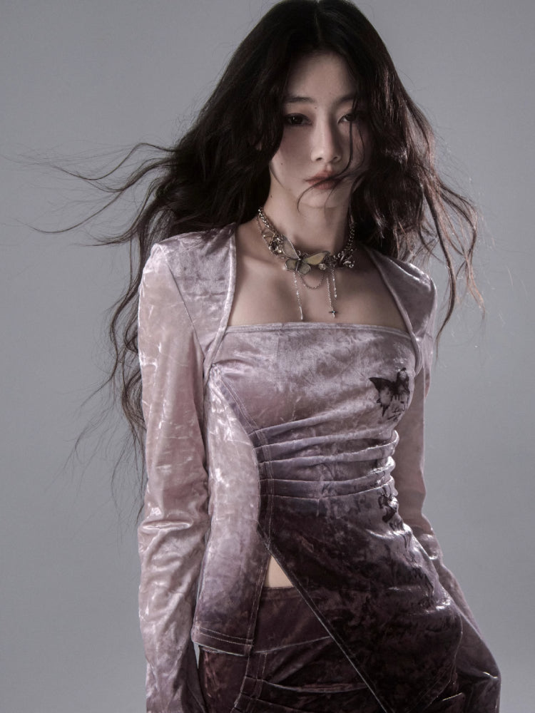 Gradient butterfly velvet top and skirt【s0000006402】
