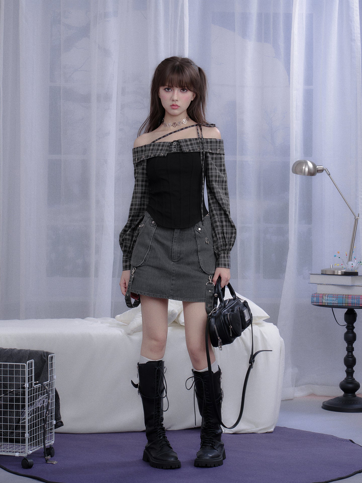 Check Pattern Strap One-Shoulder Shirt【s0000014370】