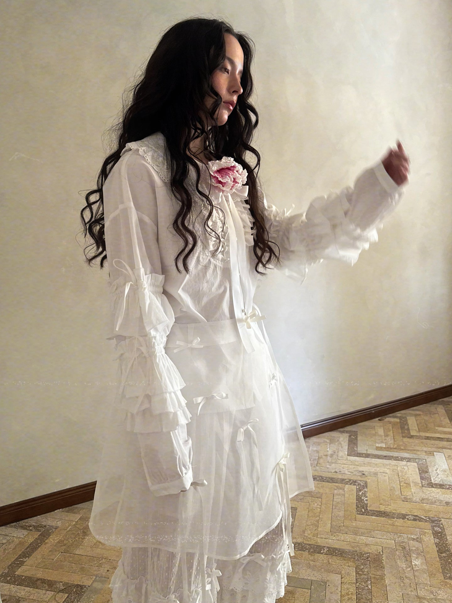 Pink checkered lace trim long-sleeved shirt【s0000012761】