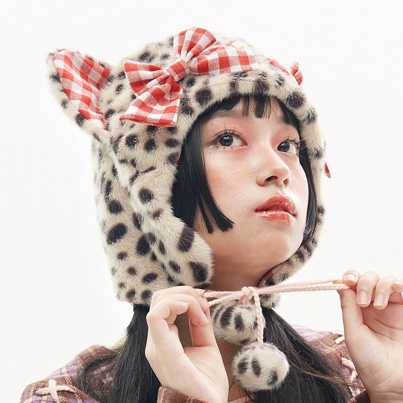 Niche design cute ear protection hat plush bow cat ears【s0000004275】