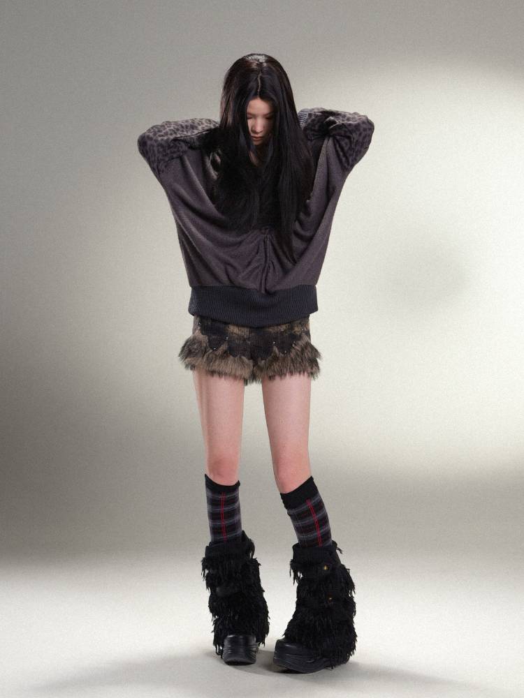 표범 프린트 하트 후드 느슨한 니트 탑 【S000011456】