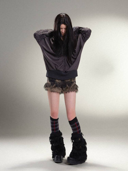 표범 프린트 하트 후드 느슨한 니트 탑 【S000011456】