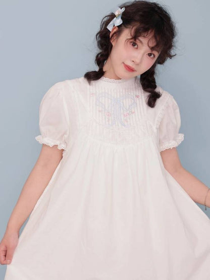 Antique girly pleated embroidery white dress【s0000009498】