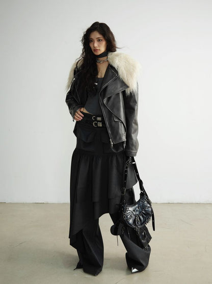 FAKE TWO PIECE PU Leather FUR JACKET [S0000010925]