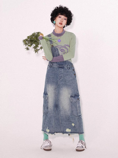 Loose denim suspender skirt【s0000009796】