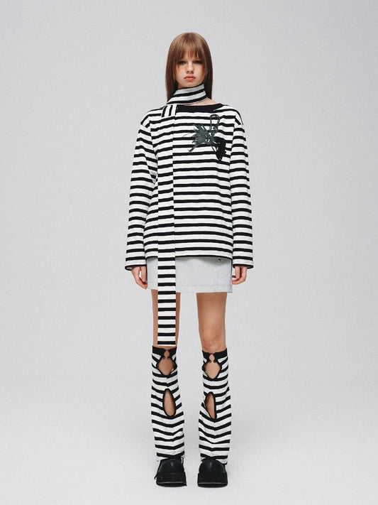 Striped casual T-shirt (with scarf) + striped socks【s0000008373】