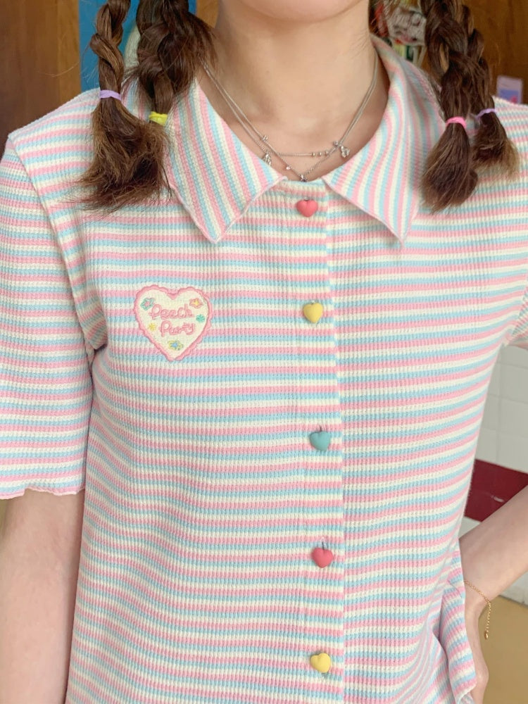 Colorful Knit Stripe Heart Button Short Sleeve T-shirt【s0000002367】