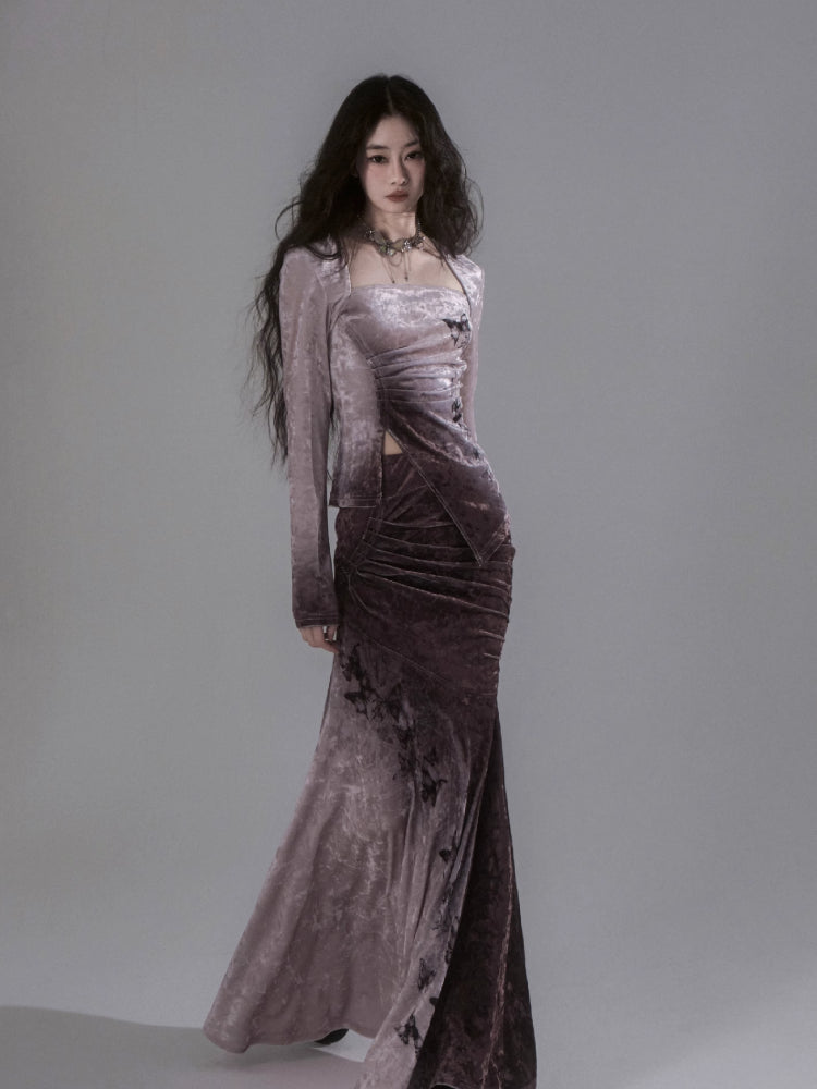 Gradient butterfly velvet top and skirt【s0000006402】
