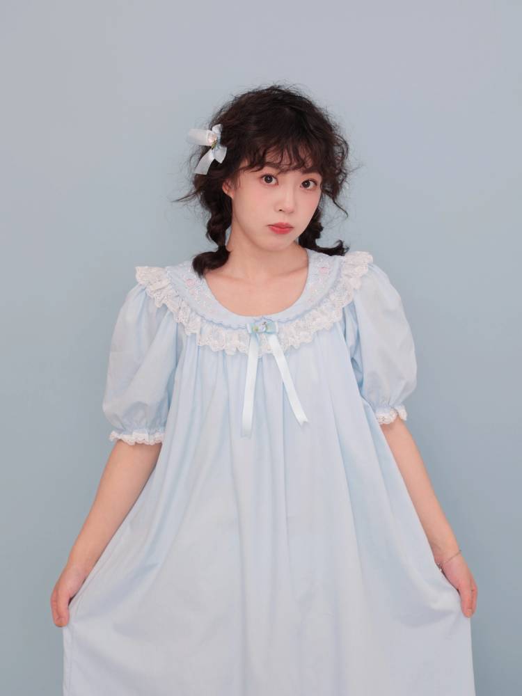 Antique girly floral embroidered light blue dress【s0000009502】