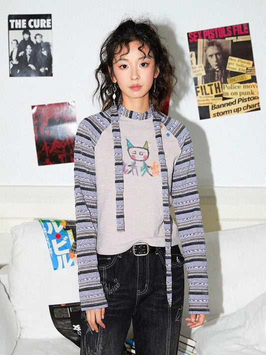 Striped knit print T-shirt【s0000011113】