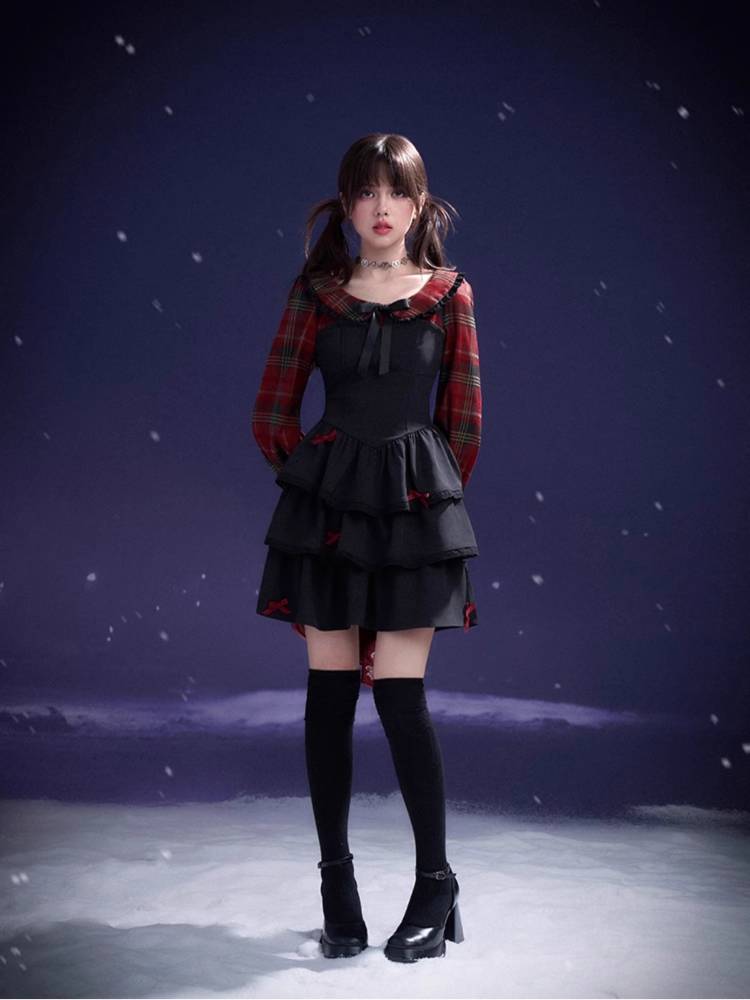 Plaid fake two piece cake dress【s0000011280】