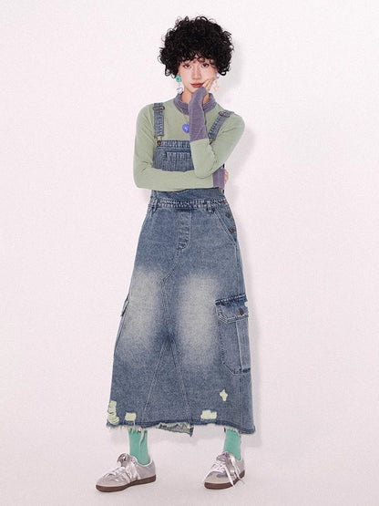 Loose denim suspender skirt【s0000009796】