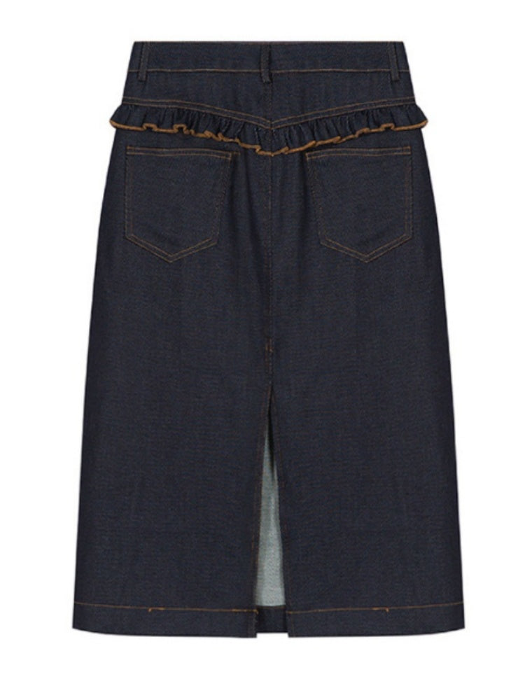 Ruffled Lace Denim Multi Pocket Midi Skirt【s0000011744】