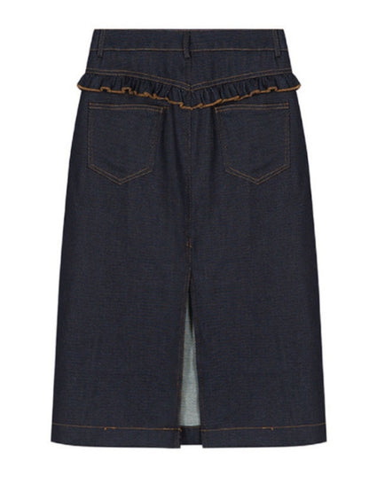 Ruffled Lace Denim Multi Pocket Midi Skirt【s0000011744】